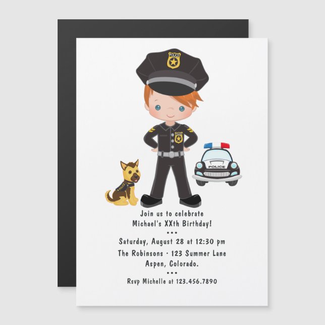 Birthday Party zum Thema Polizei Magneteinladung (Vorne/Hinten)