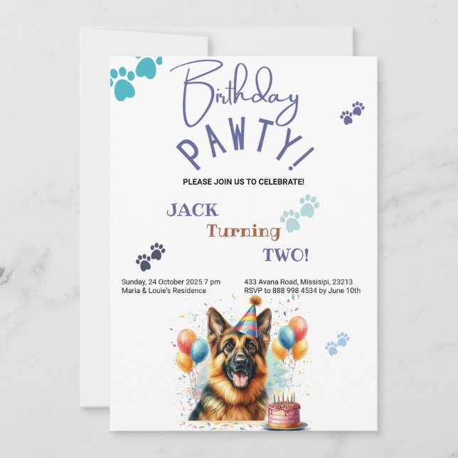 Birthday Pawty German Shepherd Dog Birthday Einladung (Vorderseite)