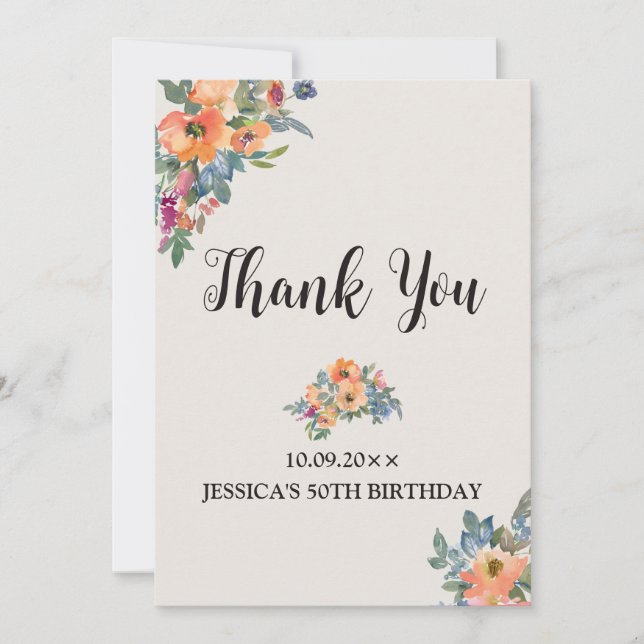 Birthday Peachy Blue Watercolor Floral Einladung (Vorderseite)