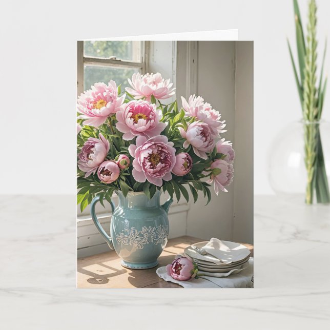 Birthday Peony Bouquet Vintag Pitcher Karte (Vorderseite)