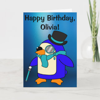 Birthday Pinguin Frosty Blue Customizable Card Karte
