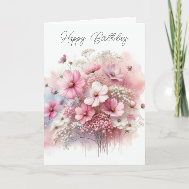 Birthday Pink Cosmos Bouquet Karte (Vorderseite)