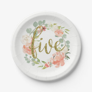 Birthday Pink Gold Floral Wreath Paper Plate Pappteller