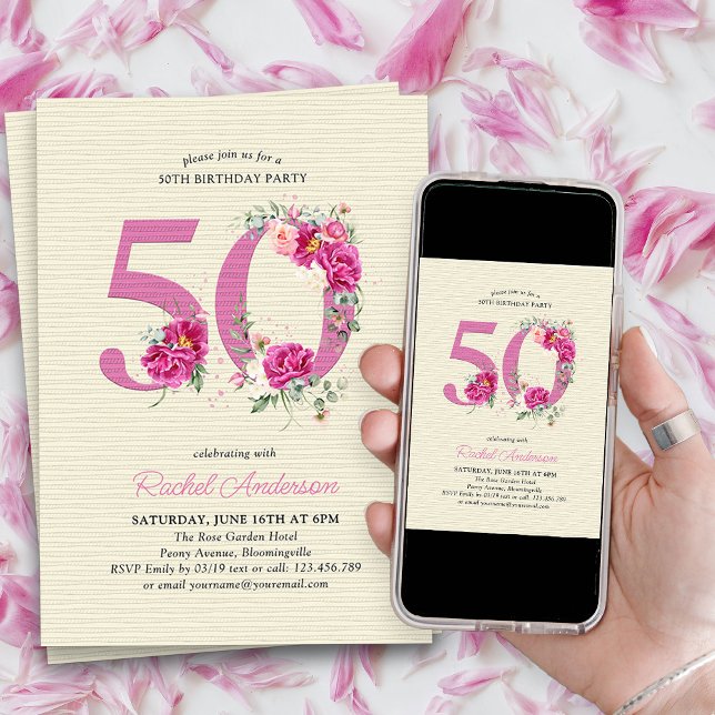 Birthday Pink Peony Floral Number 50 Einladung (50th Birthday Invitation with pink floral number 50 - elegant vintage design with roses and peonies)
