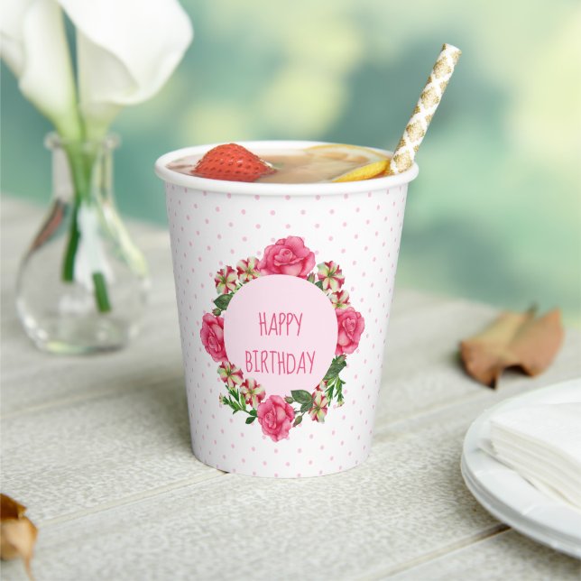 Birthday Pink Rose Red White Petunia Polka Dots Pappbecher (In Situ)