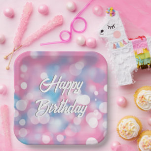 Birthday Pink und Aqua Bokeh Party Lights Pappteller