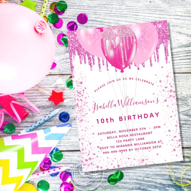 Birthday pink white glitter girl balloons party einladung (Von Creator hochgeladen)