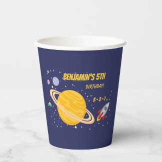 Birthday Planets & Rocket Ship in Outer Space Pappbecher