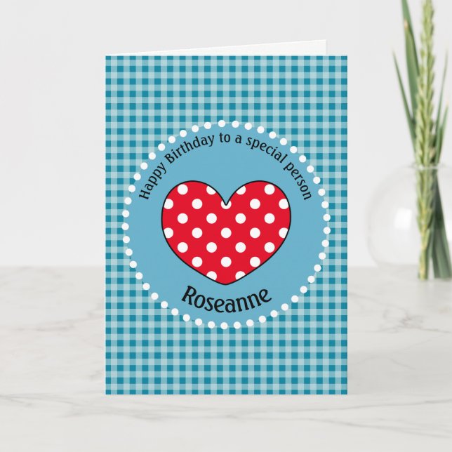 Birthday Polka Dot Liebe Heart Gingham Personalisi Karte (Vorderseite)