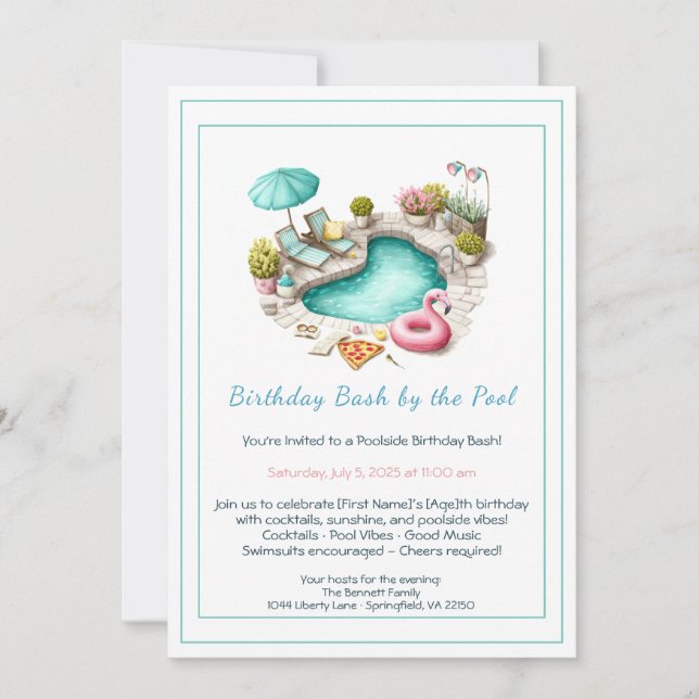 Birthday Pool Party Invitation with Cocktails  (Devant)