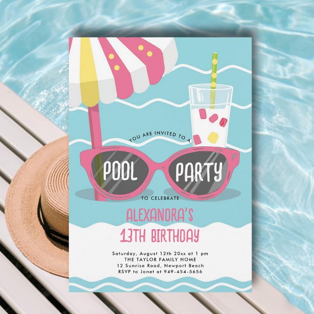 Birthday Pool Party Niedlich Pink Sonnenbrille Chi Einladung (pool birthday party invitations for teens girls tween thirteen sunglasses cute unique cool orange)