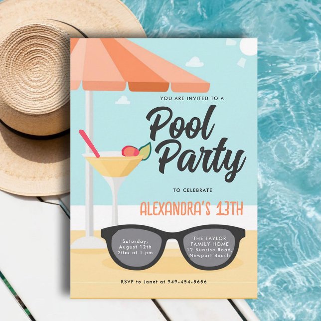 Birthday Pool Party Niedlich Sonnenbrille Aquamari Einladung (pool birthday party invitations for teens girls tween thirteen sunglasses cute modern cool orange)