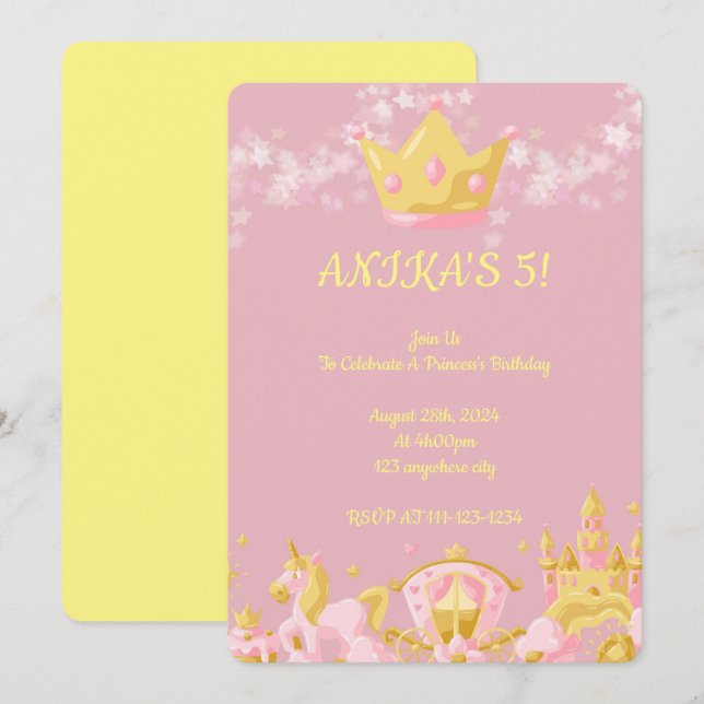 BIRTHDAY PRINCESS INVITATION PEACH COLOR EINLADUNG (Vorne/Hinten)