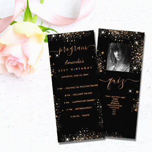Birthday Progam Quiz Black Gold Glitzer Foto Werbekarte