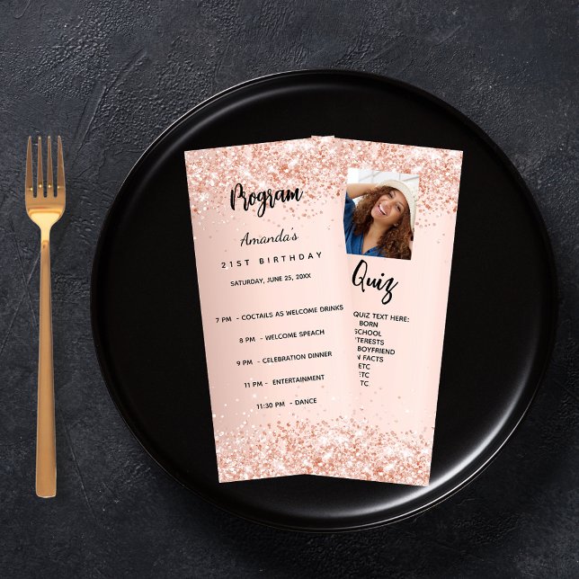Birthday Progam Quiz Rose Gold Glitzer Foto Werbekarte (Von Creator hochgeladen)