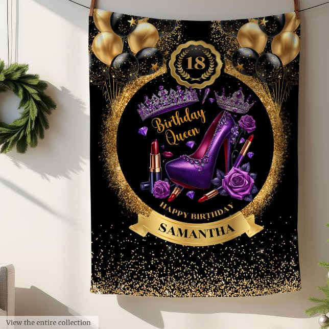 Birthday Queen High Heels Gold Balloons Lila Fleecedecke (Birthday Queen High Heels Gold Balloons Purple Fleece Blanket)