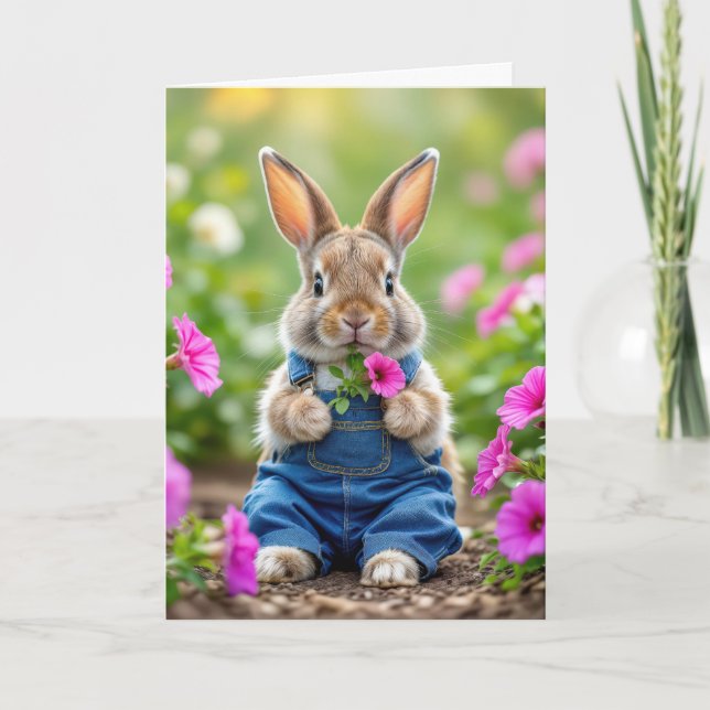Birthday Rabbit Eating Pink Petunia Blume Karte (Vorderseite)