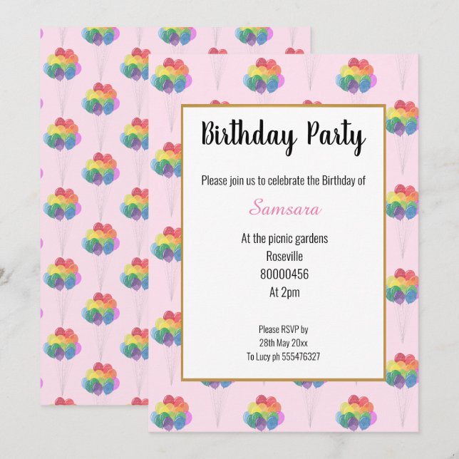 BIRTHDAY RAINBOW BALLOONS GEBURTSTAGLICHE EINLADUN EINLADUNG (Vorne/Hinten)