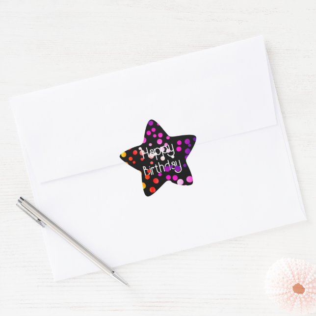 Birthday Rainbow Dots auf Black Stern-Aufkleber (Umschlag)
