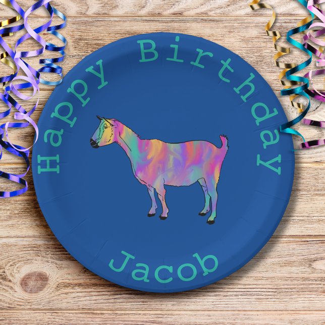 Birthday Rainbow Goat Farm Animal Add Name Jacob Pappteller (Cute goat colorful farm animal art custom blue birthday party paper plate add name)