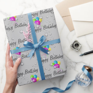 Birthday Raindrops and Balloons on Gray Geschenkpapier