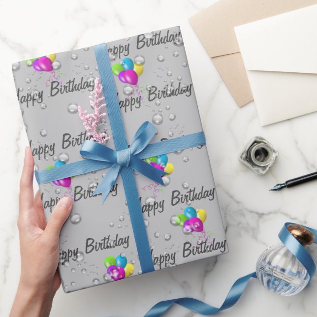 Birthday Raindrops and Balloons on Gray Geschenkpapier (Schenken)