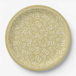 Birthday Random Number Pattern Gold/Weiß 20 Pappteller