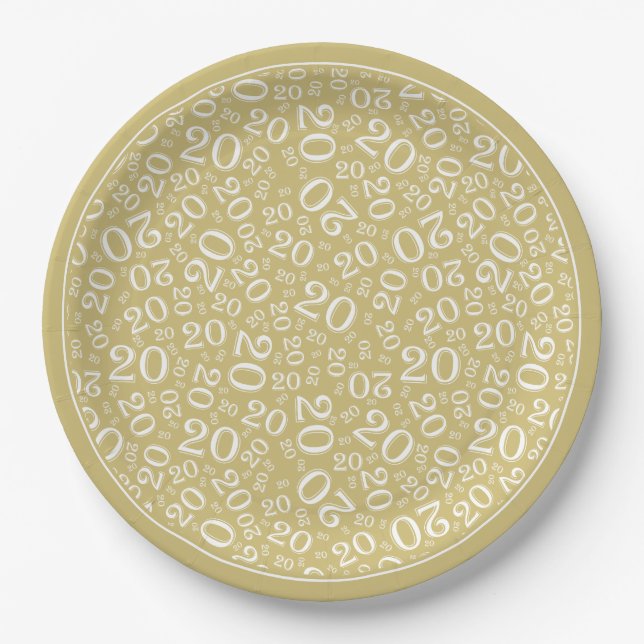 Birthday Random Number Pattern Gold/Weiß 20 Pappteller (Vorderseite)