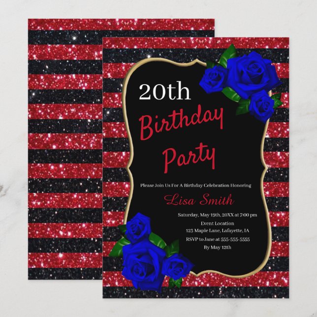 Birthday Red Black Stripes Glitzer Deep Blue Rose Einladung (Vorne/Hinten)