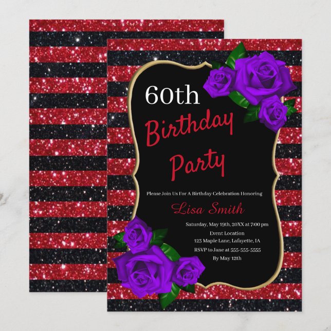 Birthday Red Black Stripes Glitzer Lila Rose Einladung (Vorne/Hinten)