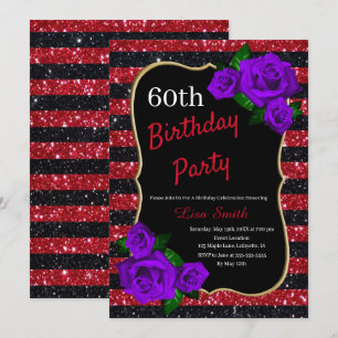 Birthday Red Black Stripes Glitzer Lila Rose Einladung