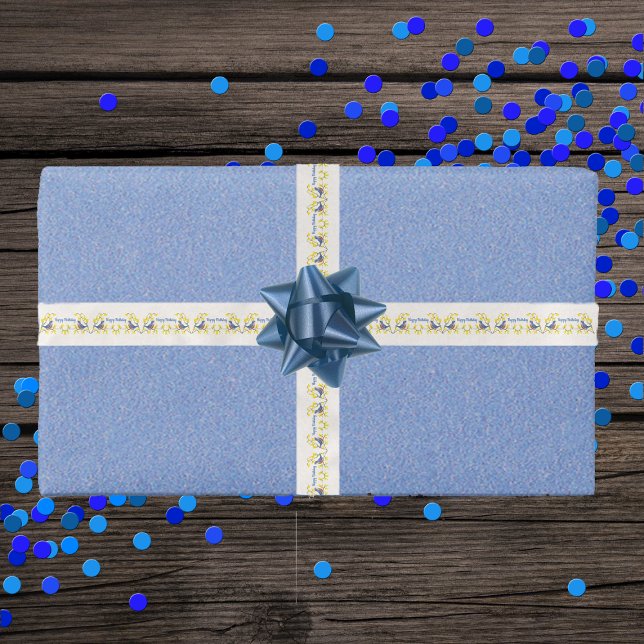 Birthday Red Blue Birds Branches Gelbe Blumen Satinband (Singing blue red birds on branch with bright yellow flowers on white Happy Birthday gift ribbon.)