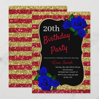 Birthday Red Gold Stripes Glitzer Deep Blue Rose Einladung