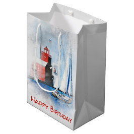 Birthday Red Michigan Lighthouse mit Sailboat Mittlere Geschenktüte