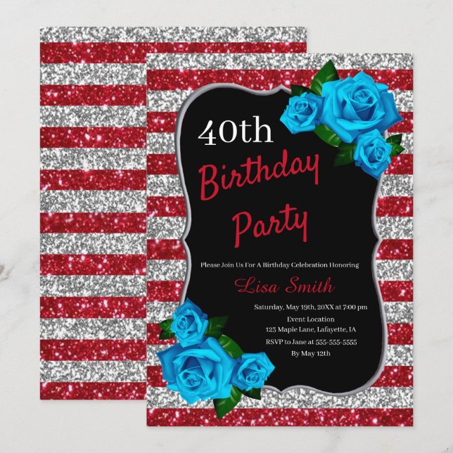 Birthday Red Silver Stripes Glitzer Blue Rose Einladung (Vorne/Hinten)