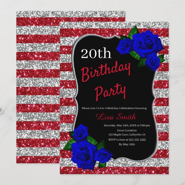 Birthday Red Silver Stripes Glitzer Deep Blue Rose Einladung (Vorne/Hinten)