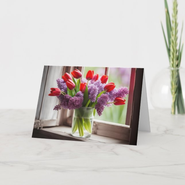 Birthday Red Tulips und Lilac Bouquet Karte (Vorderseite)