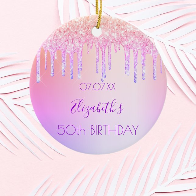 Birthday Regenbogen Glitzer rosa lila 50 Funkeln Keramik Ornament (Von Creator hochgeladen)
