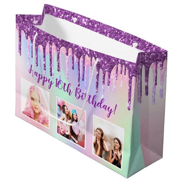 Birthday Regenbogen lila Glitzer Tropfen kundenspe Große Geschenktüte (Vorderseite Schrägansicht)