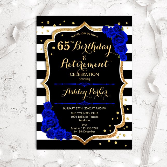 Birthday & Retirement Party Black Royal Blue Gold Einladung (Von Creator hochgeladen)