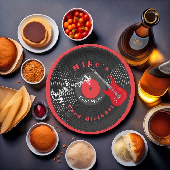 Birthday Retro Vinyl Record Rock Music Red Guitar Pappteller (Von Creator hochgeladen)