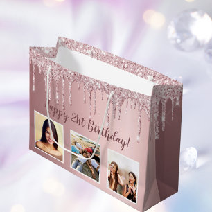 Birthday Rosa Glitzer Tropfen Custom Foto Große Geschenktüte