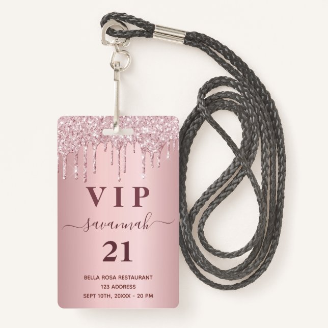 Birthday Rosa Glitzer Tropfen Name vip Ausweis (Vorderseite mit Schlüsselband)