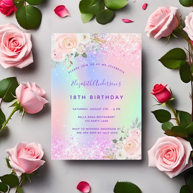 Birthday rosa lila Glitzer blumenholografisch Einladung (Von Creator hochgeladen)