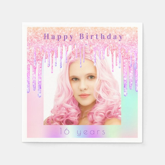 Birthday rosa lila Glitzer Tropfen Foto Serviette (Vorderseite)
