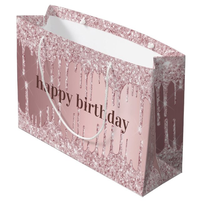 Birthday rosa staubige Rose Glitzer Tropfen Luxus Große Geschenktüte (Rückseite Schrägansicht)
