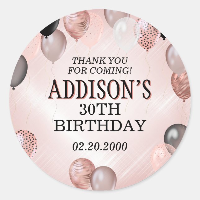 Birthday Rose Gold Balloons Runder Aufkleber (Vorderseite)