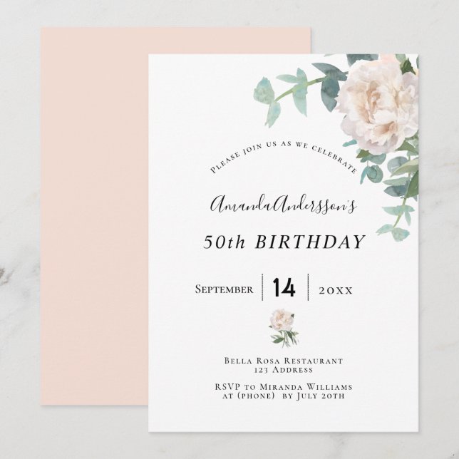 Birthday Rose Gold Blütenweiße Eleganz Einladung (Vorne/Hinten)