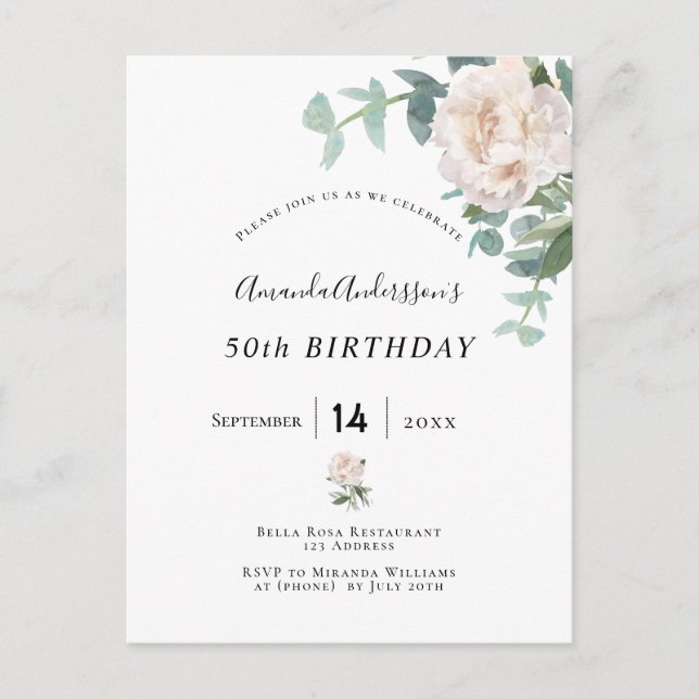 Birthday Rose Gold Blütenweiße Eleganz Postkarte (Vorderseite)