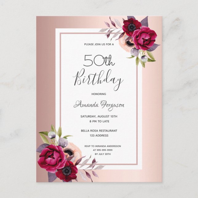 Birthday Rose gold bordeauxfarben Einladung Postkarte (Vorderseite)